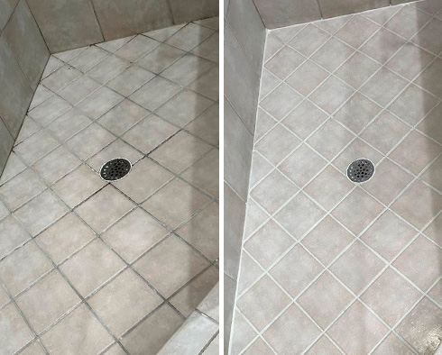 Shower Floor Before and After a Grout Sealing in Canton