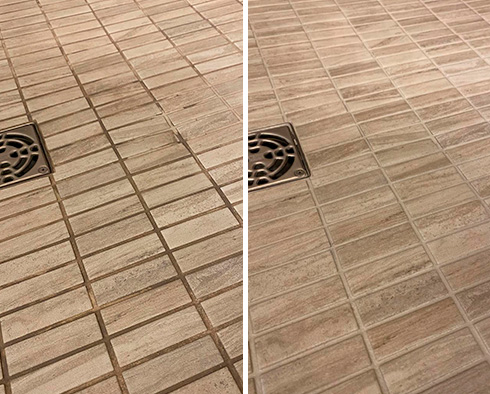 Shower Floor Before and After a Service from Our Tile and Grout Cleaners in Canton